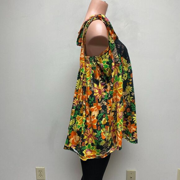 Free People‎ Womens Yellow Bali Moroccan Flowers Lace Front Bow Tie Tunic Top S - Picture 3 of 8